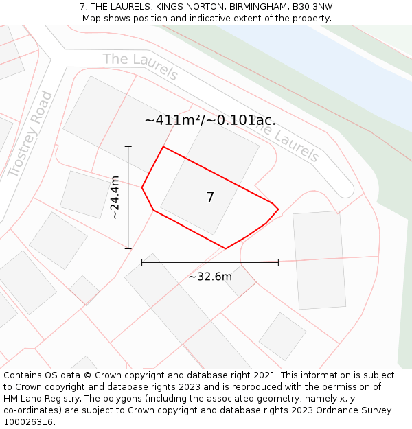 7, THE LAURELS, KINGS NORTON, BIRMINGHAM, B30 3NW: Plot and title map