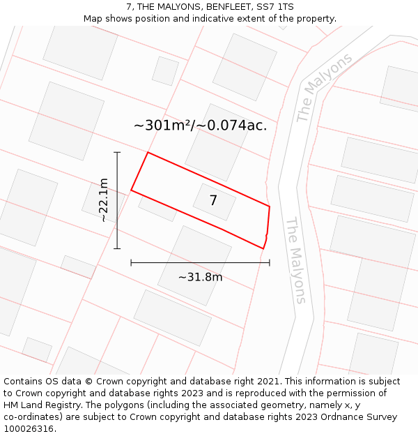 7, THE MALYONS, BENFLEET, SS7 1TS: Plot and title map