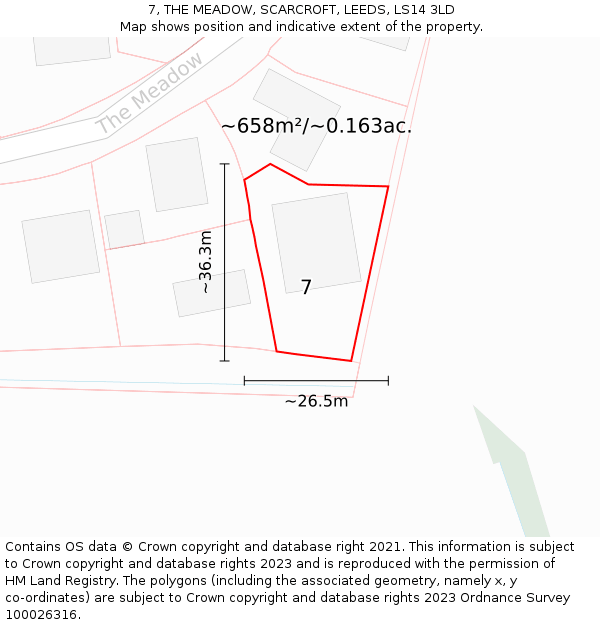 7, THE MEADOW, SCARCROFT, LEEDS, LS14 3LD: Plot and title map