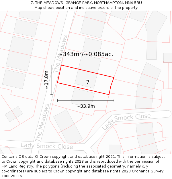 7, THE MEADOWS, GRANGE PARK, NORTHAMPTON, NN4 5BU: Plot and title map