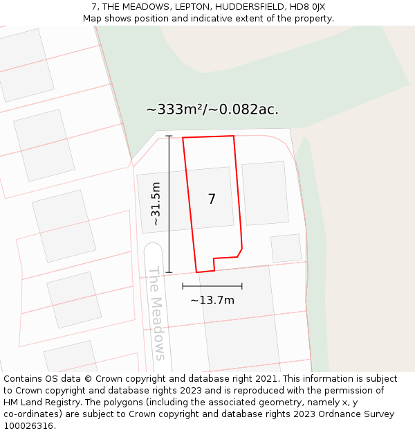 7, THE MEADOWS, LEPTON, HUDDERSFIELD, HD8 0JX: Plot and title map