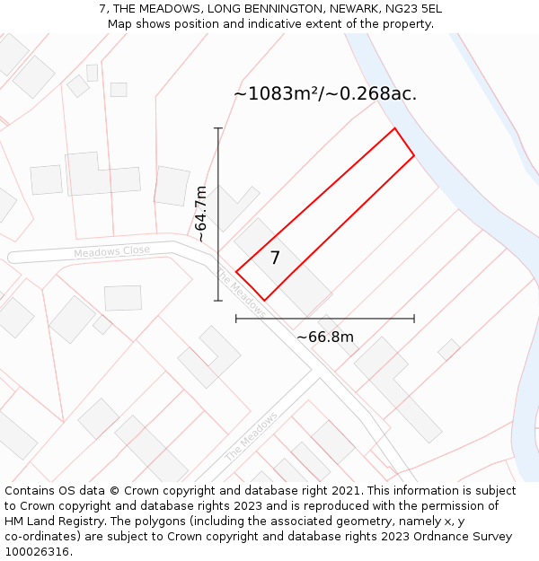 7, THE MEADOWS, LONG BENNINGTON, NEWARK, NG23 5EL: Plot and title map