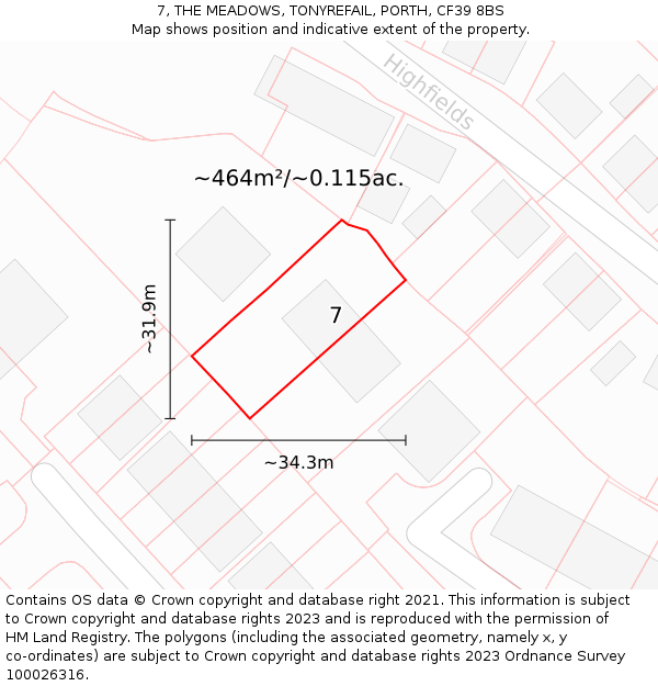 7, THE MEADOWS, TONYREFAIL, PORTH, CF39 8BS: Plot and title map