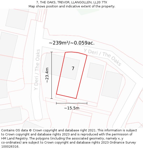 7, THE OAKS, TREVOR, LLANGOLLEN, LL20 7TX: Plot and title map