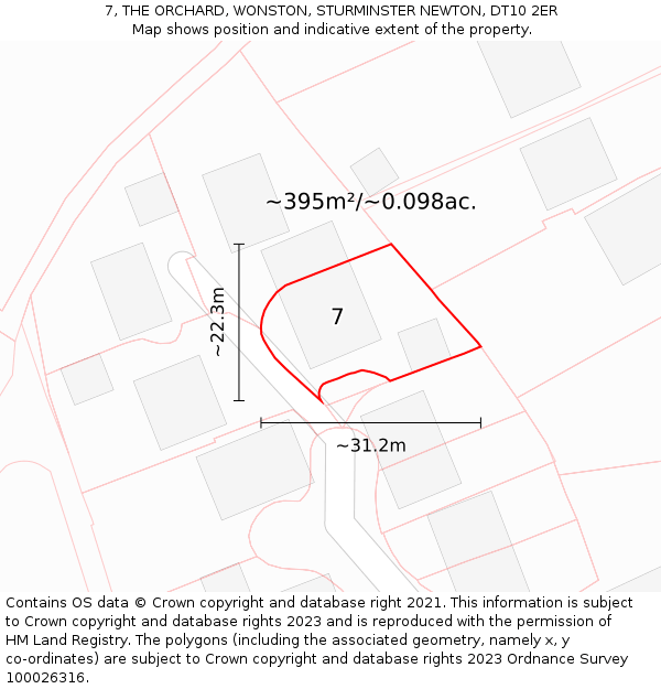 7, THE ORCHARD, WONSTON, STURMINSTER NEWTON, DT10 2ER: Plot and title map