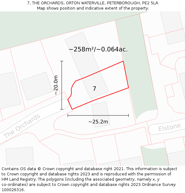 7, THE ORCHARDS, ORTON WATERVILLE, PETERBOROUGH, PE2 5LA: Plot and title map