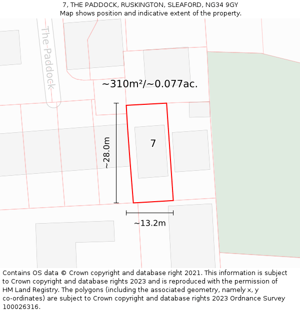 7, THE PADDOCK, RUSKINGTON, SLEAFORD, NG34 9GY: Plot and title map