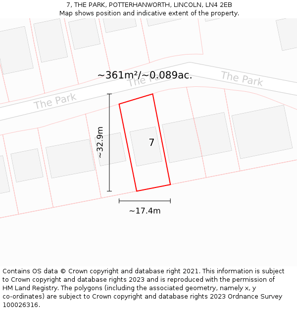 7, THE PARK, POTTERHANWORTH, LINCOLN, LN4 2EB: Plot and title map