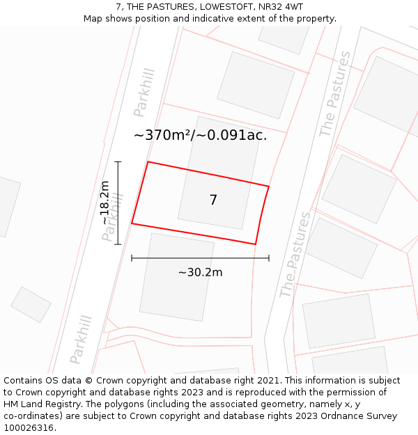 7, THE PASTURES, LOWESTOFT, NR32 4WT: Plot and title map