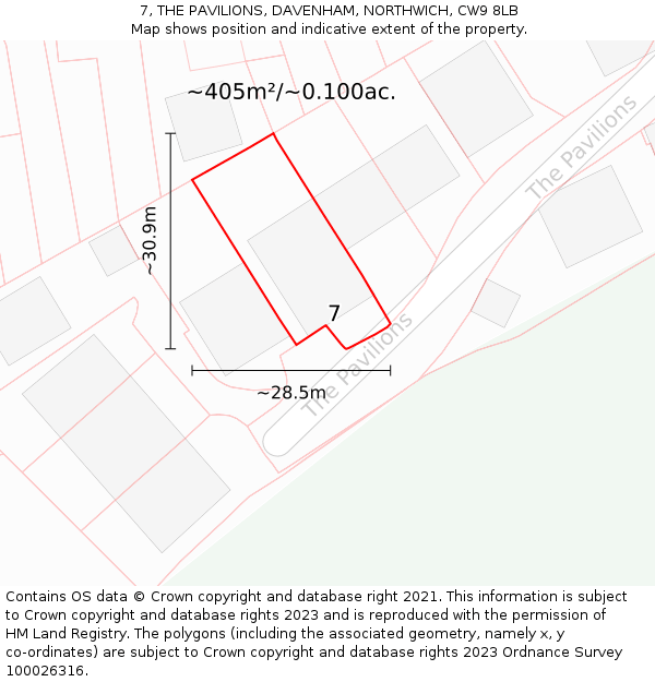 7, THE PAVILIONS, DAVENHAM, NORTHWICH, CW9 8LB: Plot and title map