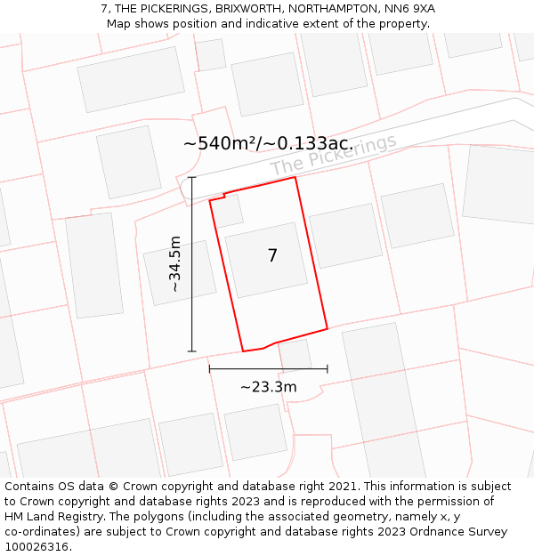 7, THE PICKERINGS, BRIXWORTH, NORTHAMPTON, NN6 9XA: Plot and title map