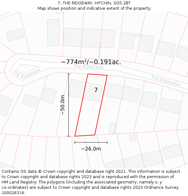 7, THE RIDGEWAY, HITCHIN, SG5 2BT: Plot and title map