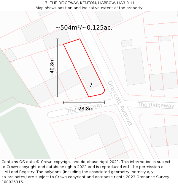 7, THE RIDGEWAY, KENTON, HARROW, HA3 0LH: Plot and title map