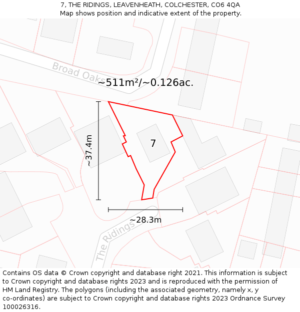 7, THE RIDINGS, LEAVENHEATH, COLCHESTER, CO6 4QA: Plot and title map