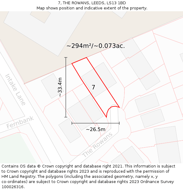 7, THE ROWANS, LEEDS, LS13 1BD: Plot and title map