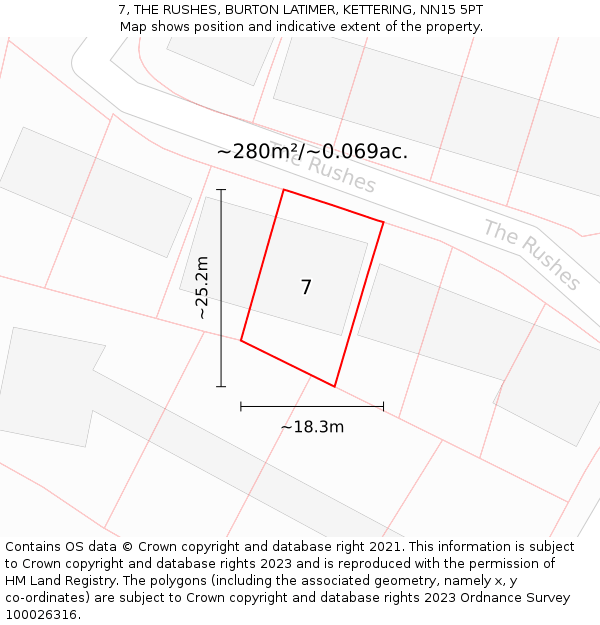 7, THE RUSHES, BURTON LATIMER, KETTERING, NN15 5PT: Plot and title map