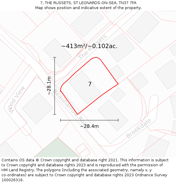 7, THE RUSSETS, ST LEONARDS-ON-SEA, TN37 7FA: Plot and title map