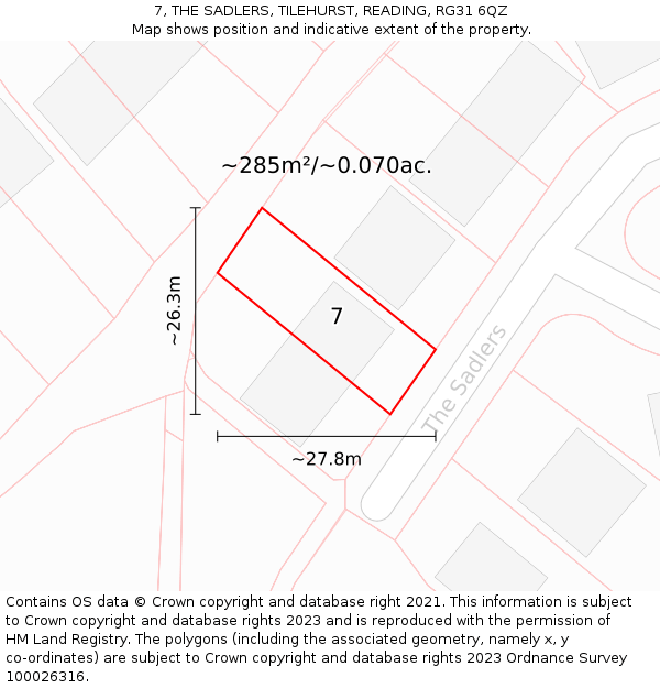 7, THE SADLERS, TILEHURST, READING, RG31 6QZ: Plot and title map