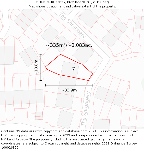 7, THE SHRUBBERY, FARNBOROUGH, GU14 0RQ: Plot and title map