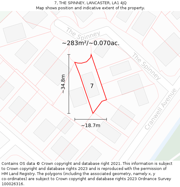 7, THE SPINNEY, LANCASTER, LA1 4JQ: Plot and title map
