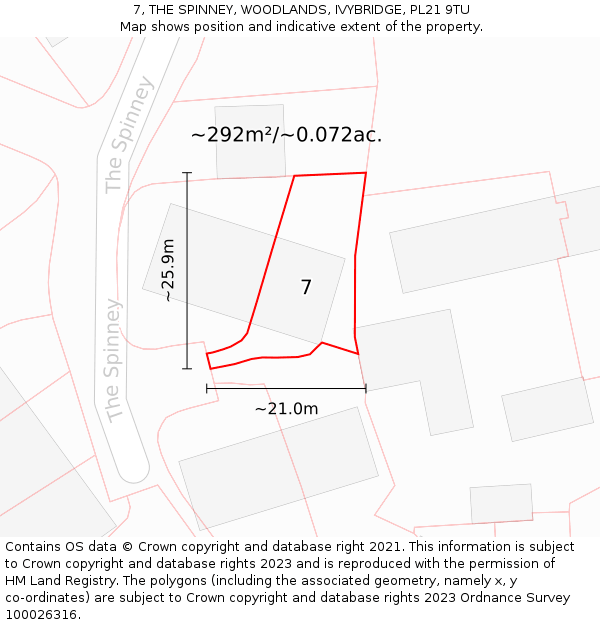 7, THE SPINNEY, WOODLANDS, IVYBRIDGE, PL21 9TU: Plot and title map