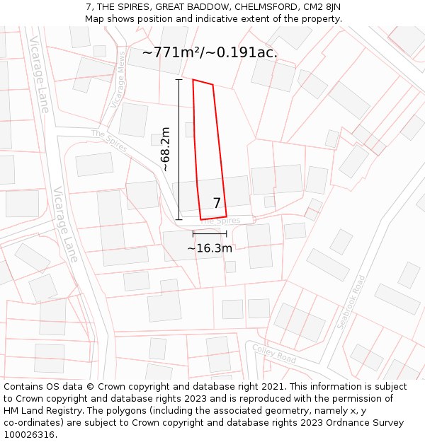 7, THE SPIRES, GREAT BADDOW, CHELMSFORD, CM2 8JN: Plot and title map