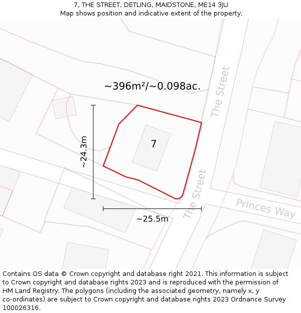 7, THE STREET, DETLING, MAIDSTONE, ME14 3JU: Plot and title map