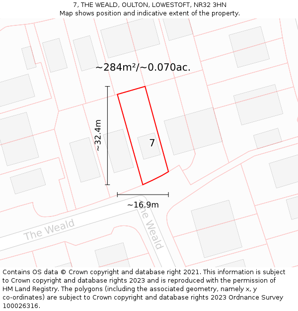 7, THE WEALD, OULTON, LOWESTOFT, NR32 3HN: Plot and title map