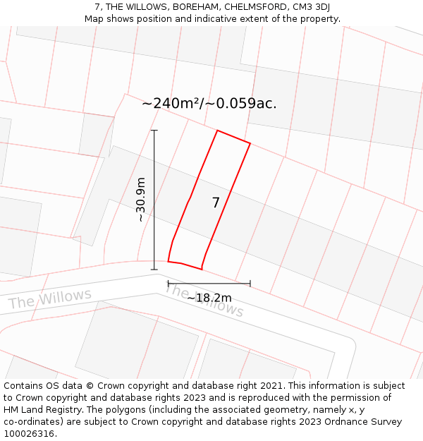 7, THE WILLOWS, BOREHAM, CHELMSFORD, CM3 3DJ: Plot and title map