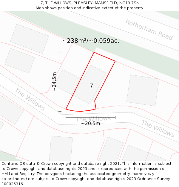 7, THE WILLOWS, PLEASLEY, MANSFIELD, NG19 7SN: Plot and title map