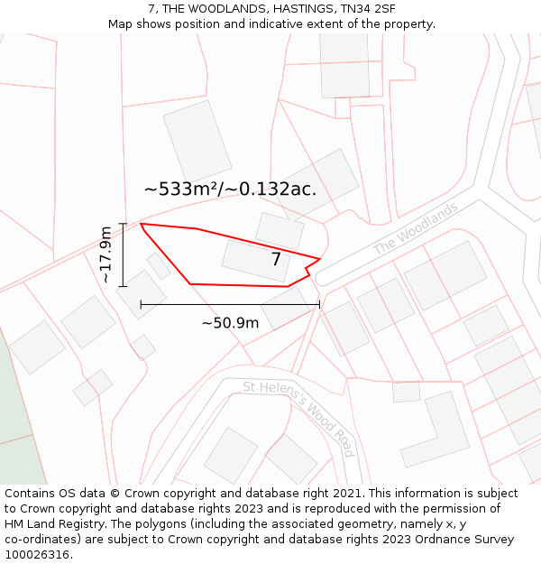 7, THE WOODLANDS, HASTINGS, TN34 2SF: Plot and title map