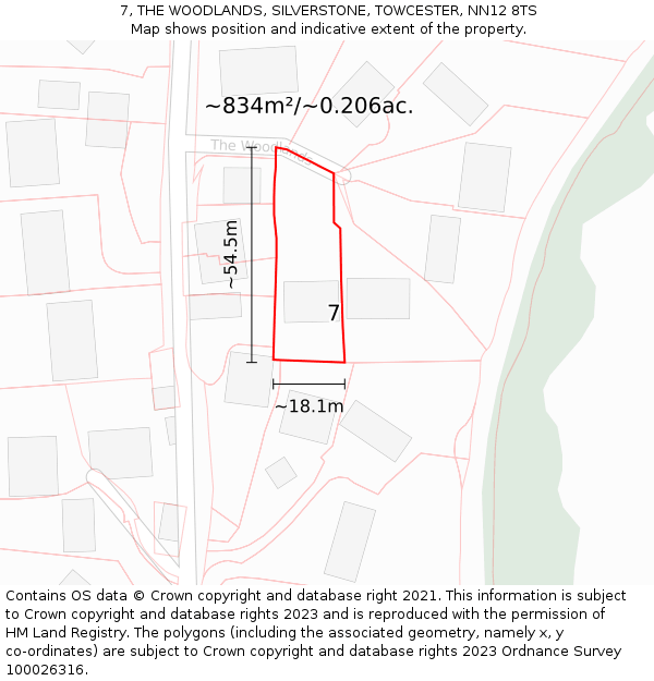 7, THE WOODLANDS, SILVERSTONE, TOWCESTER, NN12 8TS: Plot and title map