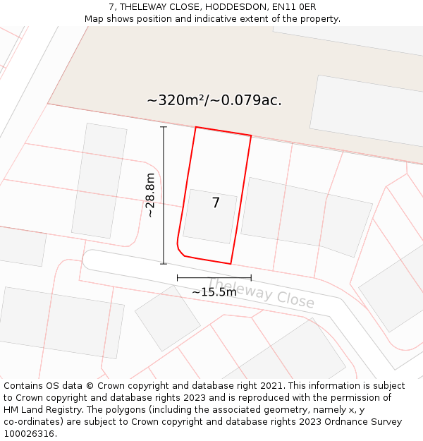 7, THELEWAY CLOSE, HODDESDON, EN11 0ER: Plot and title map