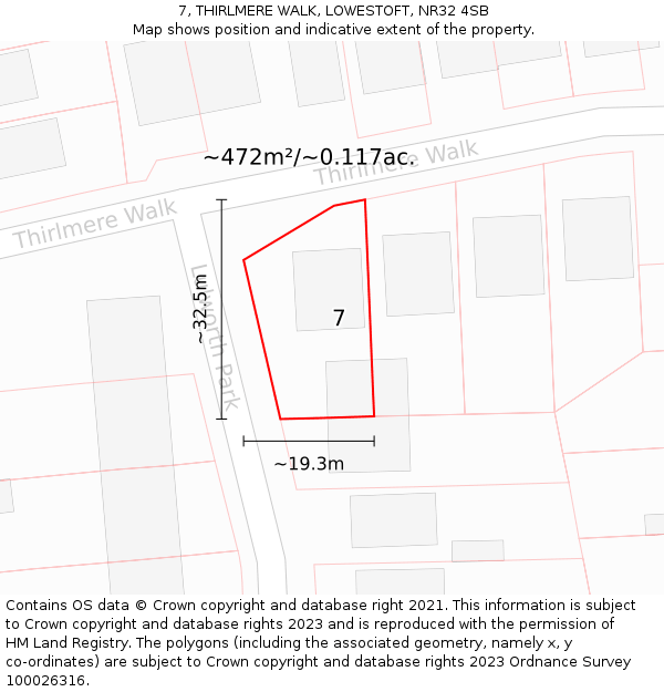 7, THIRLMERE WALK, LOWESTOFT, NR32 4SB: Plot and title map