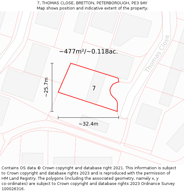 7, THOMAS CLOSE, BRETTON, PETERBOROUGH, PE3 9AY: Plot and title map