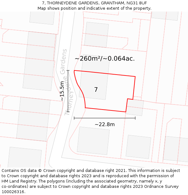 7, THORNEYDENE GARDENS, GRANTHAM, NG31 8UF: Plot and title map
