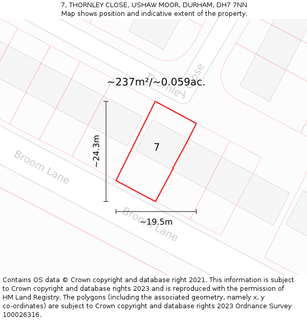 7, THORNLEY CLOSE, USHAW MOOR, DURHAM, DH7 7NN: Plot and title map
