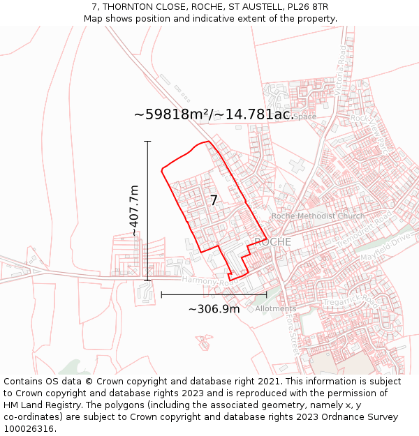7, THORNTON CLOSE, ROCHE, ST AUSTELL, PL26 8TR: Plot and title map