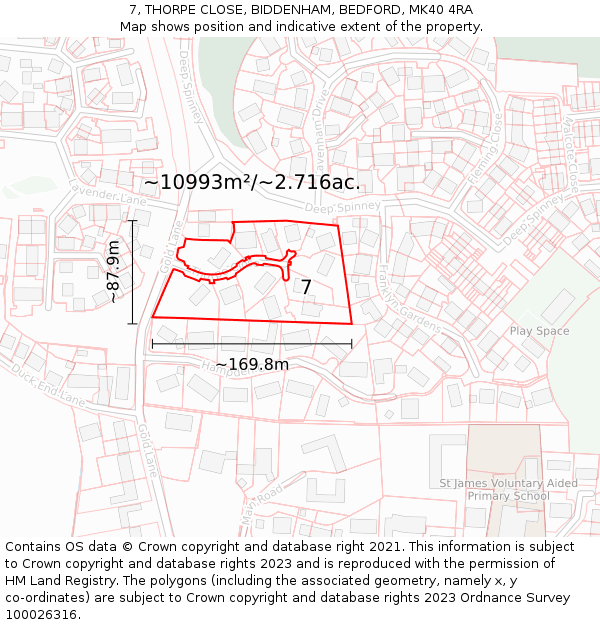 7, THORPE CLOSE, BIDDENHAM, BEDFORD, MK40 4RA: Plot and title map
