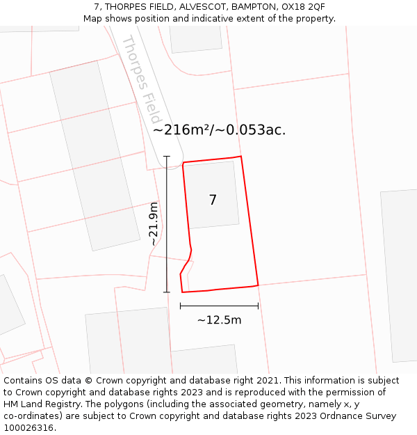7, THORPES FIELD, ALVESCOT, BAMPTON, OX18 2QF: Plot and title map