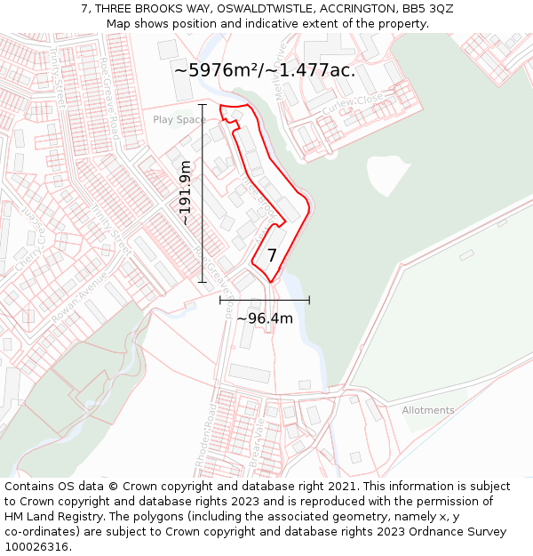 7, THREE BROOKS WAY, OSWALDTWISTLE, ACCRINGTON, BB5 3QZ: Plot and title map