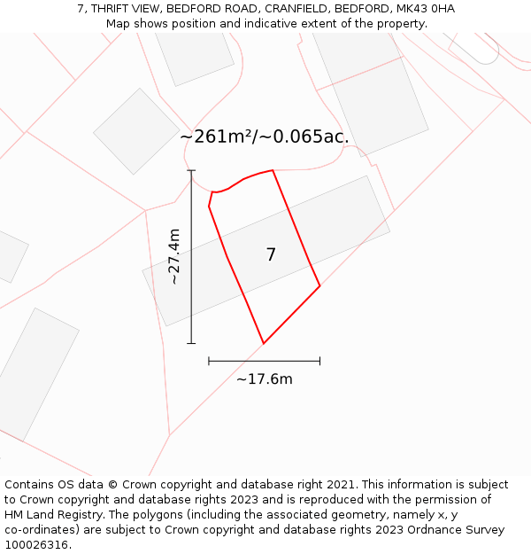 7, THRIFT VIEW, BEDFORD ROAD, CRANFIELD, BEDFORD, MK43 0HA: Plot and title map