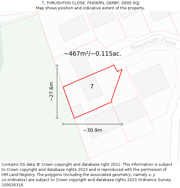 7, THRUSHTON CLOSE, FINDERN, DERBY, DE65 6QJ: Plot and title map