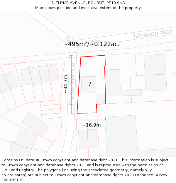 7, THYME AVENUE, BOURNE, PE10 9ND: Plot and title map