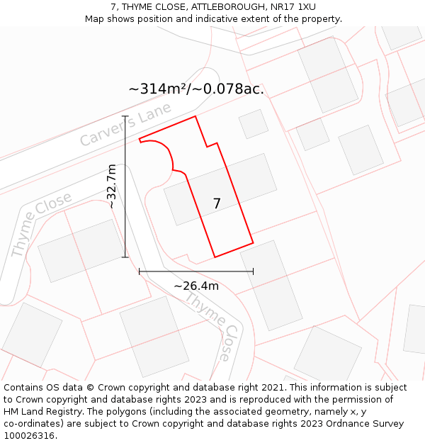 7, THYME CLOSE, ATTLEBOROUGH, NR17 1XU: Plot and title map