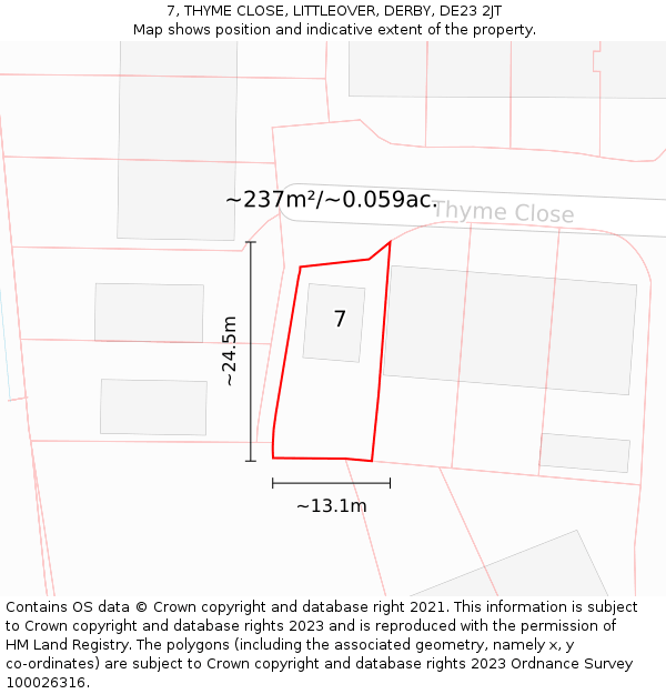 7, THYME CLOSE, LITTLEOVER, DERBY, DE23 2JT: Plot and title map