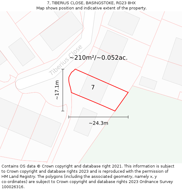 7, TIBERIUS CLOSE, BASINGSTOKE, RG23 8HX: Plot and title map
