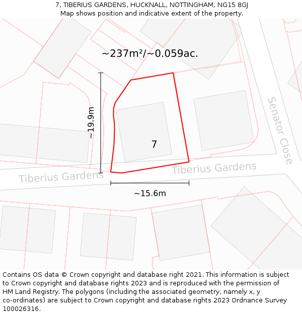 7, TIBERIUS GARDENS, HUCKNALL, NOTTINGHAM, NG15 8GJ: Plot and title map