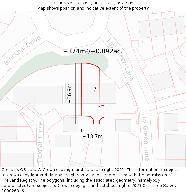 7, TICKNALL CLOSE, REDDITCH, B97 6UA: Plot and title map
