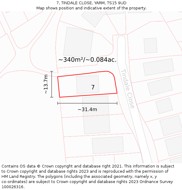 7, TINDALE CLOSE, YARM, TS15 9UD: Plot and title map